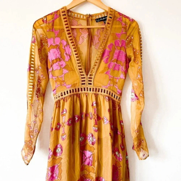 For Love & Lemons Barcelona Maxi Dress Silk Blend Mustard Yellow Sz XS - Picture 9 of 16